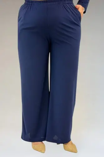 67302 Büyük Beden Üçlü Sandy - Şifon Pantolonlu Takım - Lacivert - 3