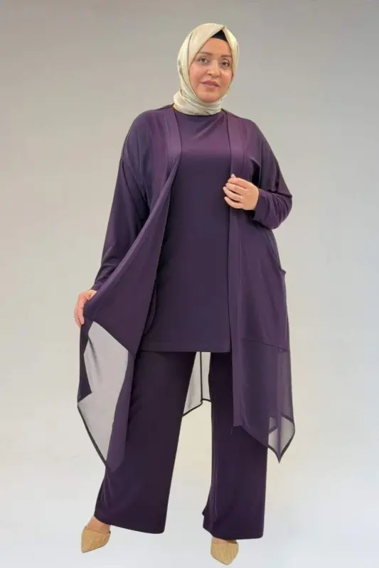 67302 Büyük Beden Üçlü Sandy - Şifon Pantolonlu Takım - Mor - 1