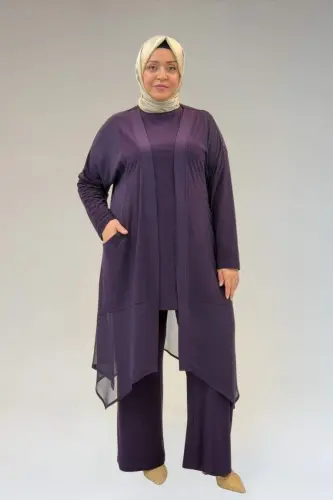 67302 Büyük Beden Üçlü Sandy - Şifon Pantolonlu Takım - Mor - 2