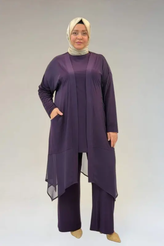 67302 Büyük Beden Üçlü Sandy - Şifon Pantolonlu Takım - Mor - 2