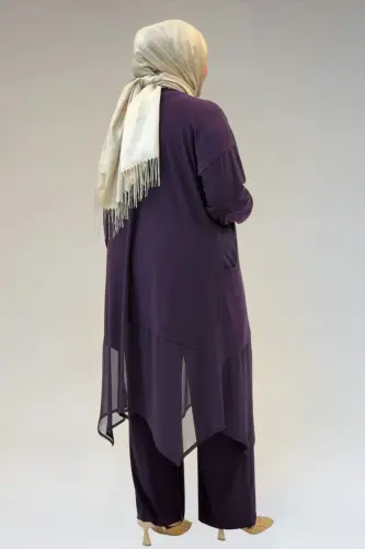 67302 Büyük Beden Üçlü Sandy - Şifon Pantolonlu Takım - Mor - 3