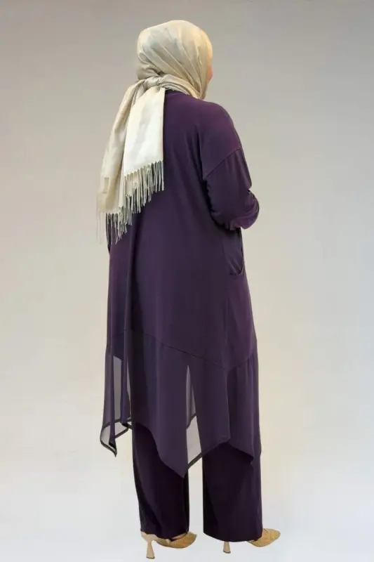 67302 Büyük Beden Üçlü Sandy - Şifon Pantolonlu Takım - Mor - 3