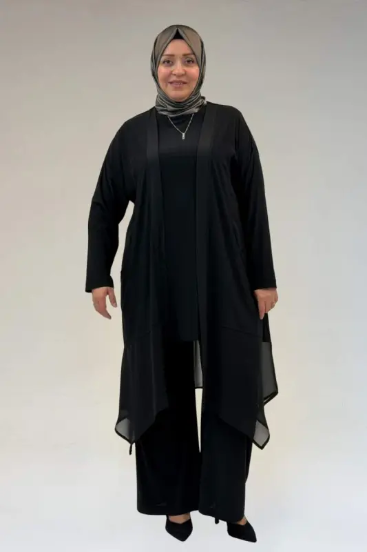 67302 Büyük Beden Üçlü Sandy - Şifon Pantolonlu Takım - Siyah - BÜYÜKBEDENIZ