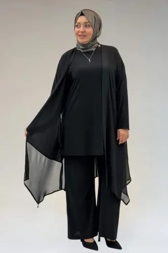 67302 Büyük Beden Üçlü Sandy - Şifon Pantolonlu Takım - Siyah - BÜYÜKBEDENIZ (1)