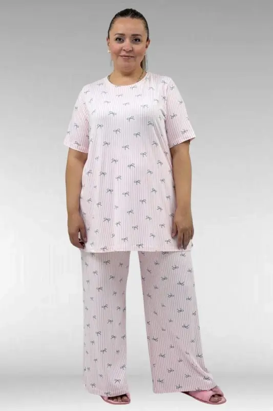 67801 Büyük Beden Kısakol Desenli Pijama Takımı - Antrasit Kurdele Desenli - BÜYÜKBEDENIZ