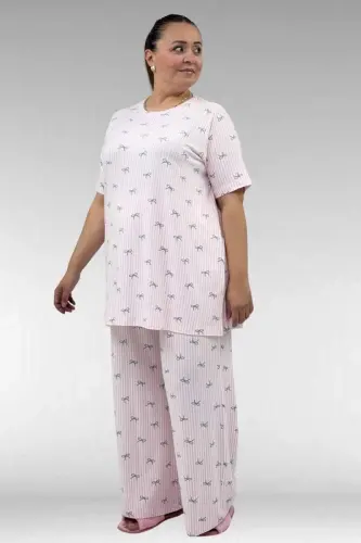67801 Büyük Beden Kısakol Desenli Pijama Takımı - Antrasit Kurdele Desenli - 3
