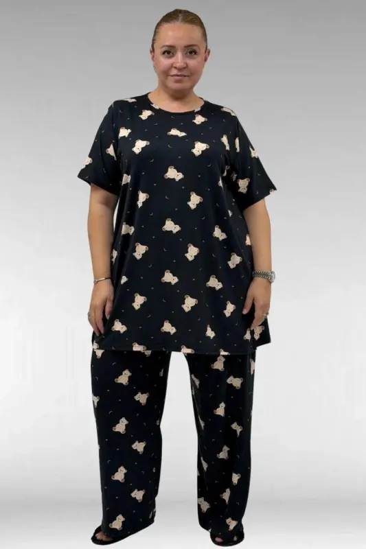 67801 Büyük Beden Kısakol Desenli Pijama Takımı - Ayıcık Desenli - BÜYÜKBEDENIZ