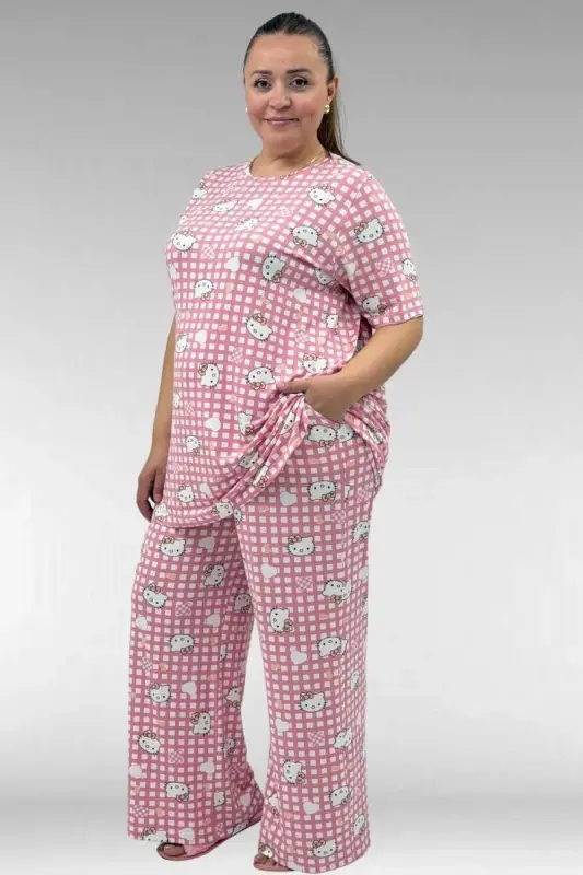 67801 Büyük Beden Kısakol Desenli Pijama Takımı - Kedi Desenli - 1