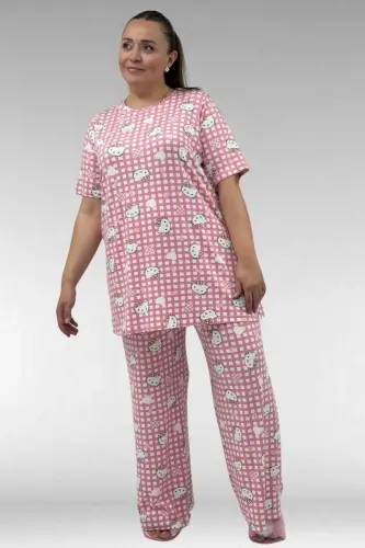 67801 Büyük Beden Kısakol Desenli Pijama Takımı - Kedi Desenli - BÜYÜKBEDENIZ (1)