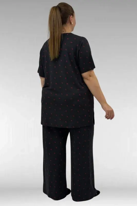 67801 Büyük Beden Kısakol Desenli Pijama Takımı - Kiraz Desenli - 4