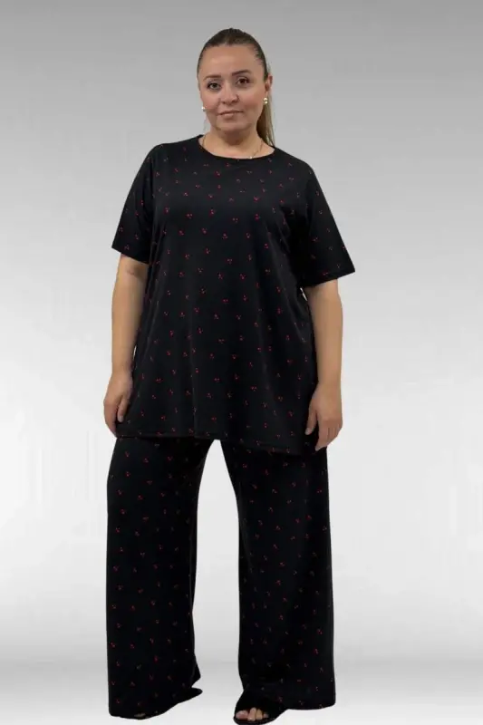 67801 Büyük Beden Kısakol Desenli Pijama Takımı - Kiraz Desenli - 1