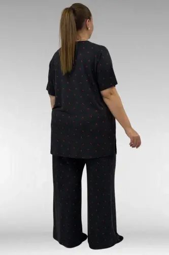67801 Büyük Beden Kısakol Desenli Pijama Takımı - Kiraz Desenli - 4