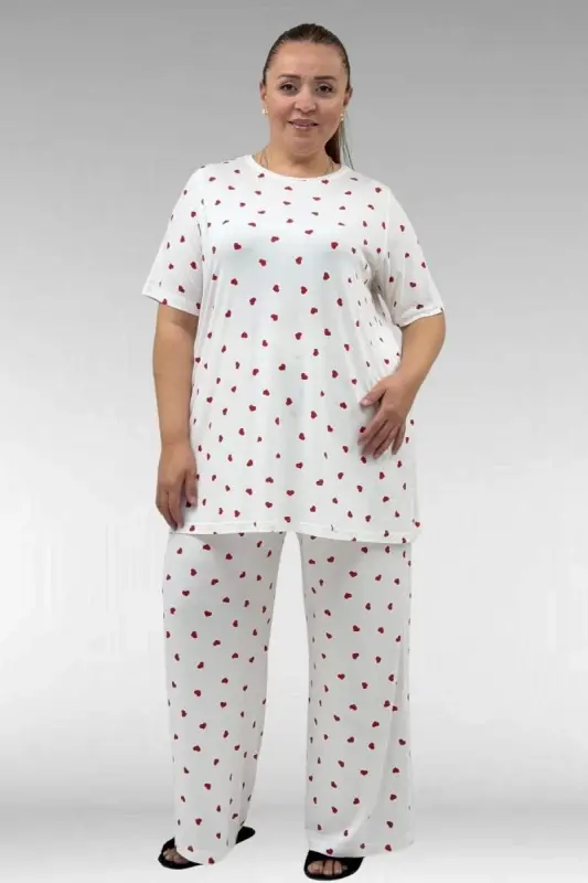 67801 Büyük Beden Kısakol Desenli Pijama Takımı - Kırmızı Kalp Desenli - 1