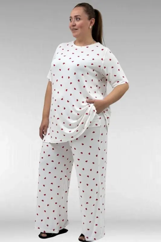67801 Büyük Beden Kısakol Desenli Pijama Takımı - Kırmızı Kalp Desenli - 2