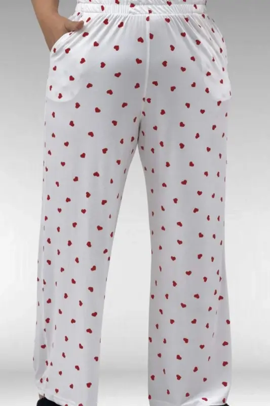 67801 Büyük Beden Kısakol Desenli Pijama Takımı - Kırmızı Kalp Desenli - 3