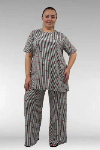 67801 Büyük Beden Kısakol Desenli Pijama Takımı - Kırmızı Kurdele Desenli - 1