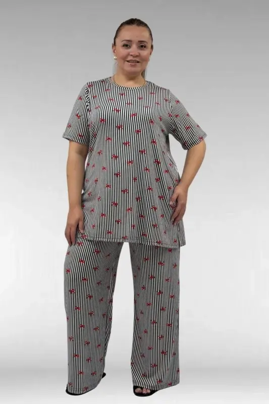 67801 Büyük Beden Kısakol Desenli Pijama Takımı - Kırmızı Kurdele Desenli - 1