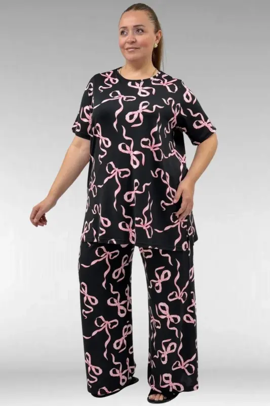 67801 Büyük Beden Kısakol Desenli Pijama Takımı - Pembe Kurdele Desenli - 3