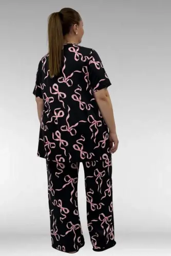 67801 Büyük Beden Kısakol Desenli Pijama Takımı - Pembe Kurdele Desenli - 4