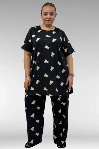 67801 Plus Size Short Sleeve Patterned Pajama Set - Bear Patterned - 1