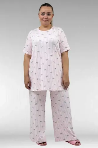 67801 Plus Size Short Sleeve Patterned Pyjama Set - Anthracite Ribbon Pattern - 1