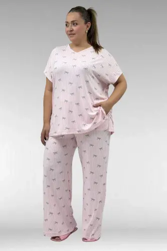 67802 Büyük Beden Yanı Yırtmaçlı Milan Pijama Takımı - Antrasit Kurdele Desenli - BÜYÜKBEDENIZ (1)