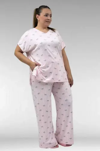 67802 Büyük Beden Yanı Yırtmaçlı Milan Pijama Takımı - Antrasit Kurdele Desenli - 1