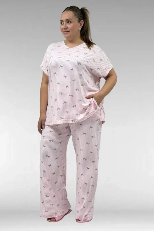 67802 Büyük Beden Yanı Yırtmaçlı Milan Pijama Takımı - Antrasit Kurdele Desenli - 2