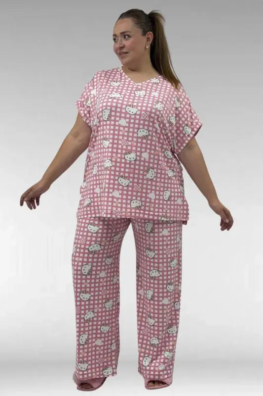 67802 Büyük Beden Yanı Yırtmaçlı Milan Pijama Takımı - Kedi Desenli - 1