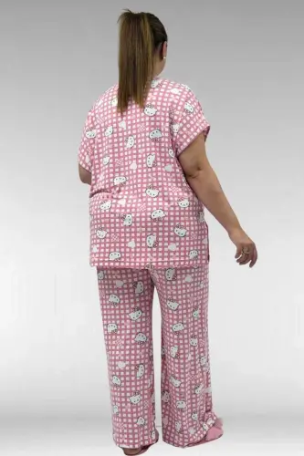 67802 Büyük Beden Yanı Yırtmaçlı Milan Pijama Takımı - Kedi Desenli - 3