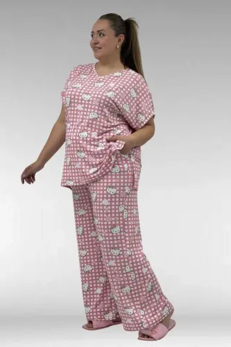 67802 Büyük Beden Yanı Yırtmaçlı Milan Pijama Takımı - Kedi Desenli - BÜYÜKBEDENIZ (1)