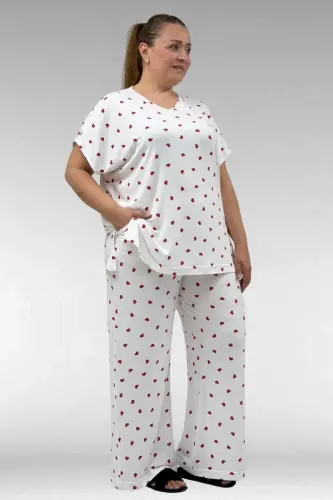 67802 Büyük Beden Yanı Yırtmaçlı Milan Pijama Takımı - Kırmızı Kalp Desenli - 1