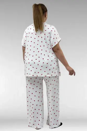 67802 Büyük Beden Yanı Yırtmaçlı Milan Pijama Takımı - Kırmızı Kalp Desenli - 3