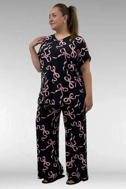 67802 Plus Size Milan Pajama Set with Side Slits - Pink Ribbon Pattern - 2