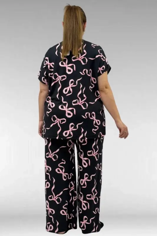 67802 Plus Size Milan Pajama Set with Side Slits - Pink Ribbon Pattern - 3