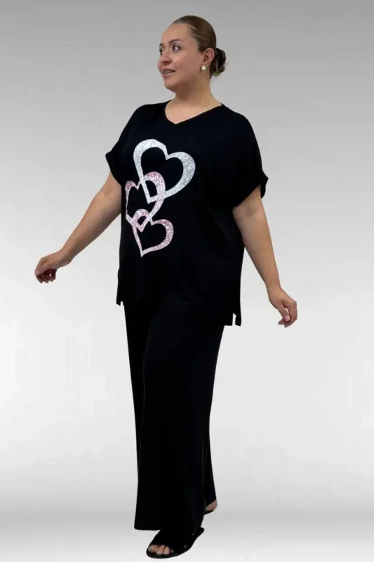 67803 Büyük Beden Yanı Yırtmaçlı Penye Pijama Takımı - Siyah - 1