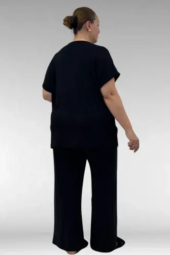 67803 Büyük Beden Yanı Yırtmaçlı Penye Pijama Takımı - Siyah - 3