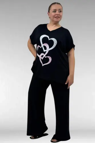 67803 Büyük Beden Yanı Yırtmaçlı Penye Pijama Takımı - Siyah - BÜYÜKBEDENIZ (1)