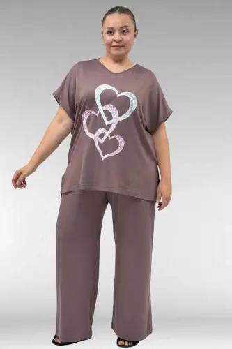 67803 Büyük Beden Yanı Yırtmaçlı Penye Pijama Takımı - Vizon - 1