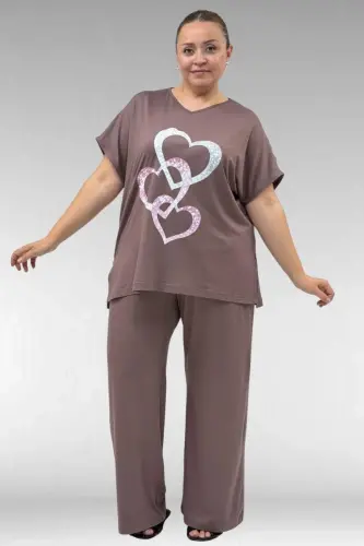 67803 Büyük Beden Yanı Yırtmaçlı Penye Pijama Takımı - Vizon - BÜYÜKBEDENIZ (1)