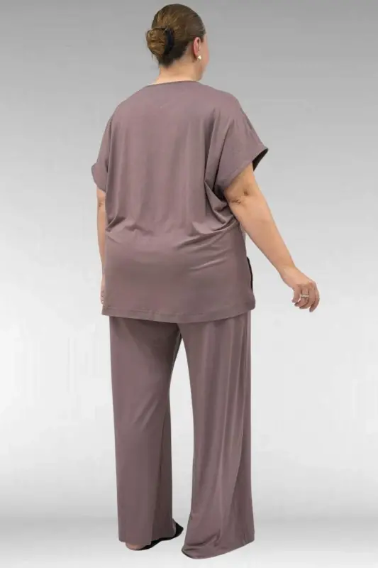 67803 Büyük Beden Yanı Yırtmaçlı Penye Pijama Takımı - Vizon - 3