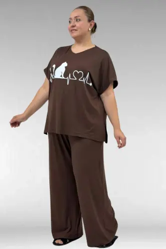 67804 Büyük Beden Yanı Yırtmaçlı Penye Pijama Takımı - Kahve - BÜYÜKBEDENIZ (1)