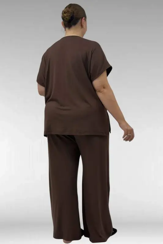 67804 Büyük Beden Yanı Yırtmaçlı Penye Pijama Takımı - Kahve - 3