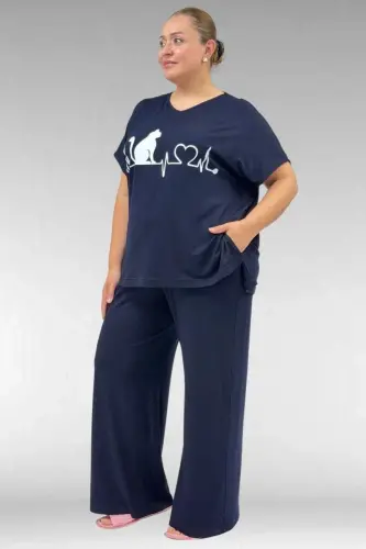 67804 Büyük Beden Yanı Yırtmaçlı Penye Pijama Takımı - Lacivert - BÜYÜKBEDENIZ (1)