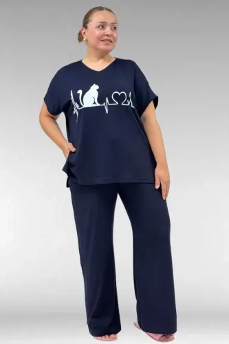 67804 Büyük Beden Yanı Yırtmaçlı Penye Pijama Takımı - Lacivert - 1