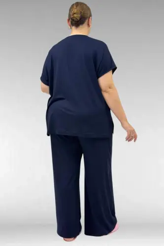 67804 Büyük Beden Yanı Yırtmaçlı Penye Pijama Takımı - Lacivert - 3