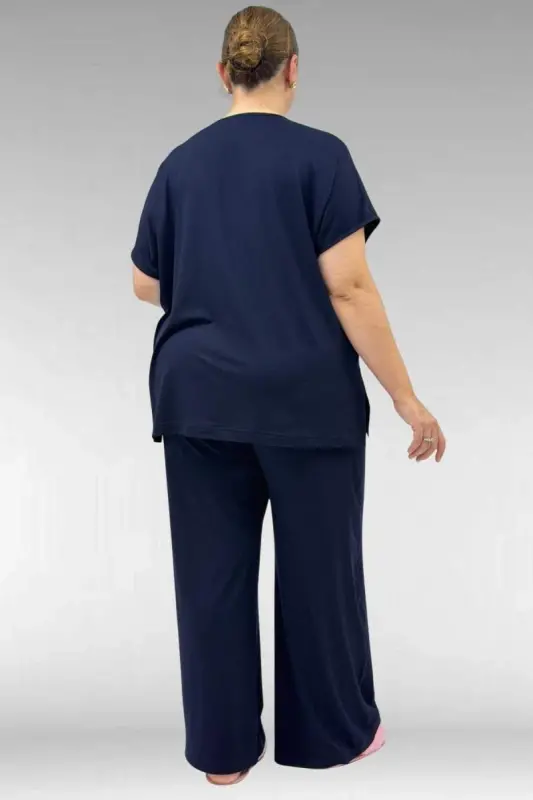 67804 Büyük Beden Yanı Yırtmaçlı Penye Pijama Takımı - Lacivert - 3