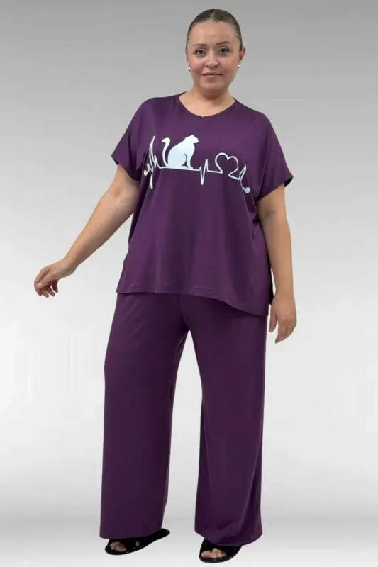 67804 Büyük Beden Yanı Yırtmaçlı Penye Pijama Takımı - Mürdüm - BÜYÜKBEDENIZ