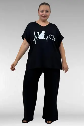 67804 Büyük Beden Yanı Yırtmaçlı Penye Pijama Takımı - Siyah - 1