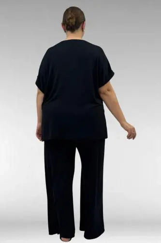 67804 Büyük Beden Yanı Yırtmaçlı Penye Pijama Takımı - Siyah - 3